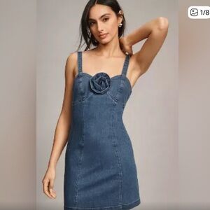 Anthropologie Denim Blue Dress with Floral Detail